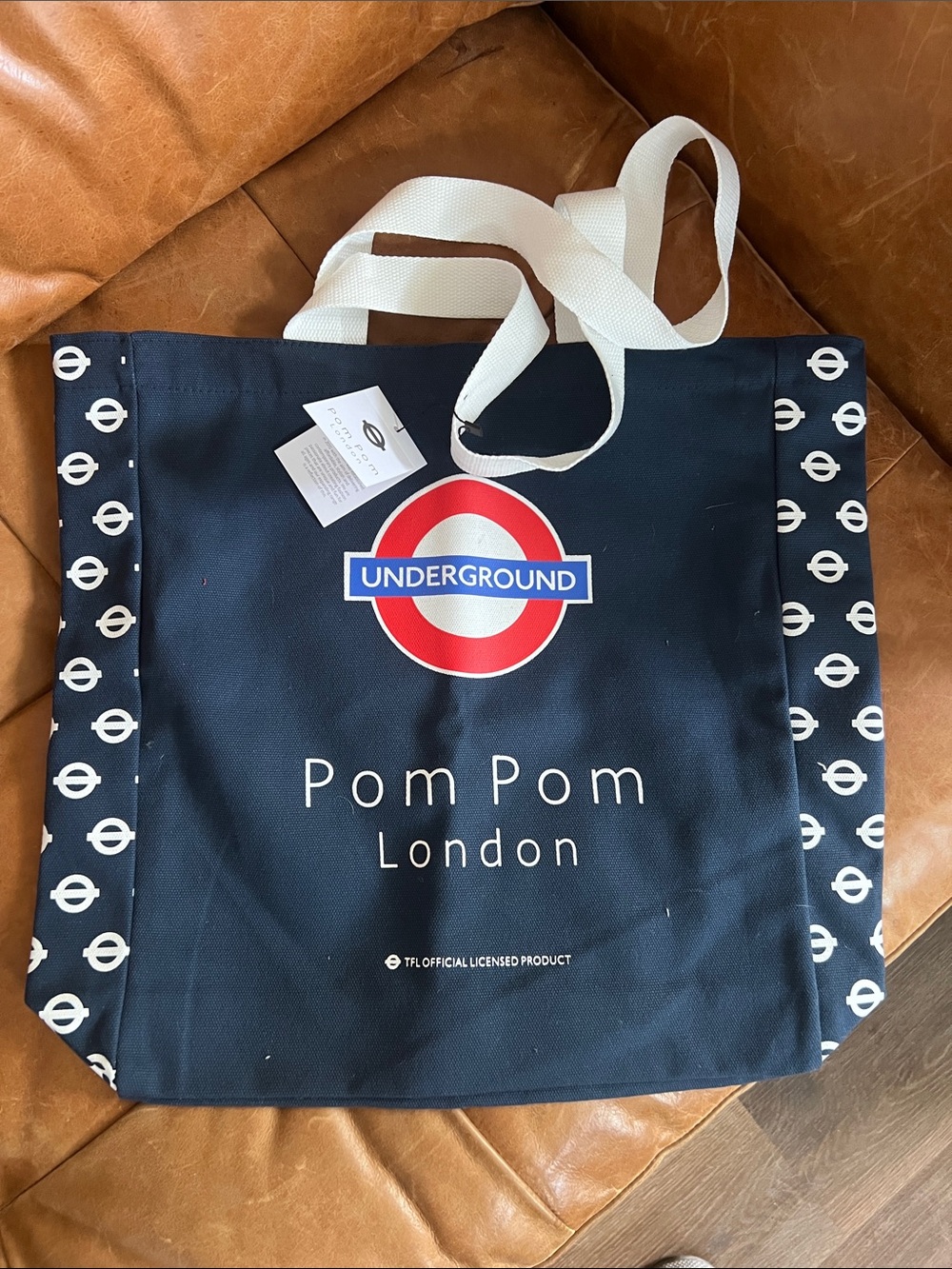 Pom Pom London TRL Underground Logo Canvas Tote in Navy and White